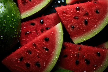 Close-up of juicy watermelon pieces on dark surface, glistening with moisture for a refreshing look.