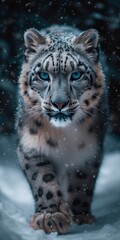 A majestic snow leopard with piercing blue eyes blends seamlessly into the wintry landscape, its sleek fur and powerful whiskers hinting at the fierce yet graceful nature of this magnificent felidae