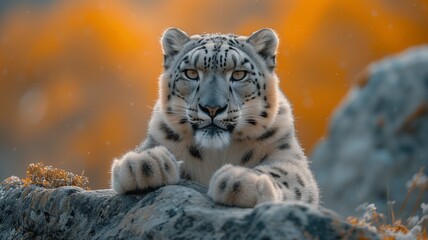 Fototapeta premium A majestic snow leopard, with fur as white as snow, stands proudly on a rock, showcasing its fierce beauty as a symbol of the wild