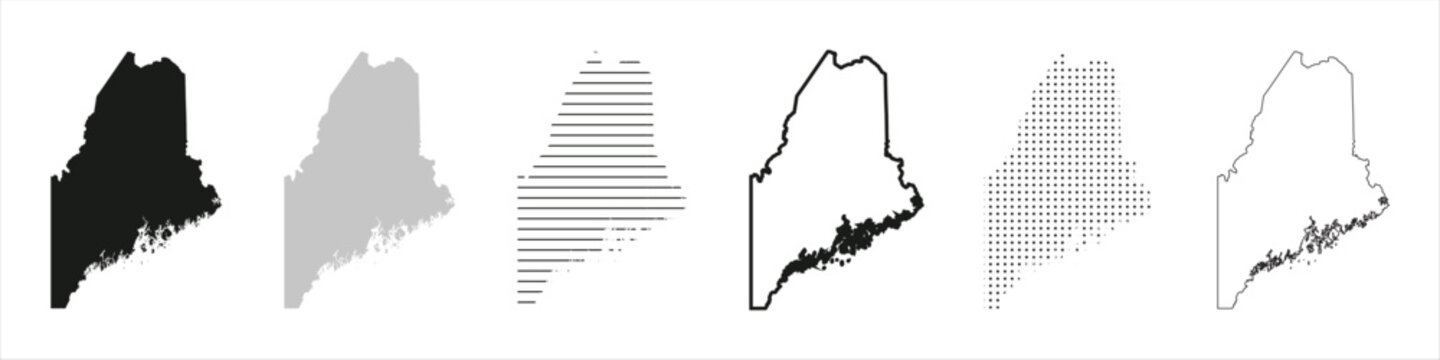 Maine State Map Black. Maine map silhouette isolated on transparent background. Vector Illustration. Variants.