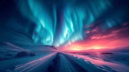 A winter road, adorned with snow and vibrant lights, winds through a starry sky illuminated by the enchanting aurora