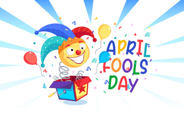 Obraz na płótnie Canvas April fool's day jack-in-the box toy, Joyfull clown cartoon character vector banner