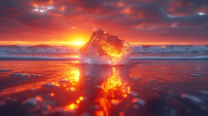 Badkamer foto achterwand Reflectie As the sun sets and the afterglow fades, a serene iceberg stands in the calm ocean waters, reflecting the beautiful hues of the sky above