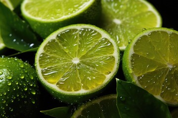 Fresh limes with water droplets on a dark background, highlighting their vibrant green color and juicy texture