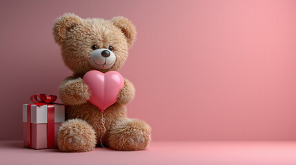 Teddy bear holding a pink heart, accompanied by a wrapped gift box, against a soft pink background. This image is perfect for: love, gifts, Valentine’s Day, affection, celebrations