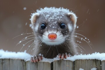A curious ferret ventures into the wintry landscape, its snout covered in a dusting of snow, embodying the resilient spirit of this playful and inquisitive member of the mustelidae family - obrazy, fototapety, plakaty