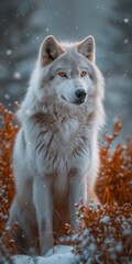 Obraz premium A solitary canis braves the harsh winter, its white coat blending into the snowy landscape as it sits in quiet contemplation, a symbol of resilience and wild beauty