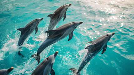 Cute dolphins jumping and swimming in the blue sea 
