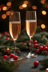 Sparkling champagne glasses on dark background Embrace celebration and joy with shades of gold. Perfect for celebrating holidays. Valentine's Day or ring in the New Year