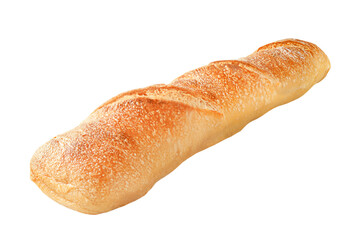 Side view of freshly baked baguette on white background