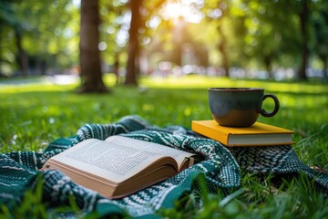 A blanket and a book under a tree in a sunny spring park professional photography