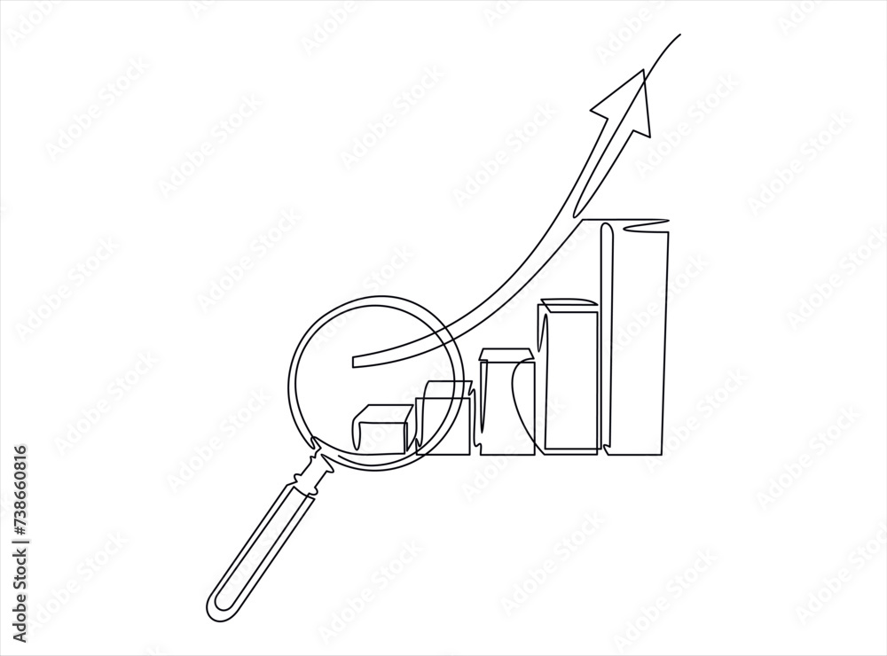 Poster continuous one line drawing of increasing up arrows bar graph and magnifying glass. search. hand dra