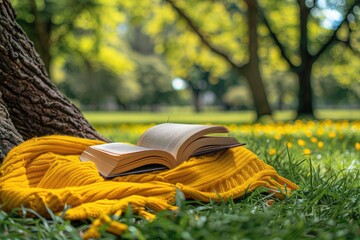 A blanket and a book under a tree in a sunny spring park professional photography