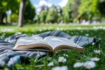 A blanket and a book under a tree in a sunny spring park professional photography