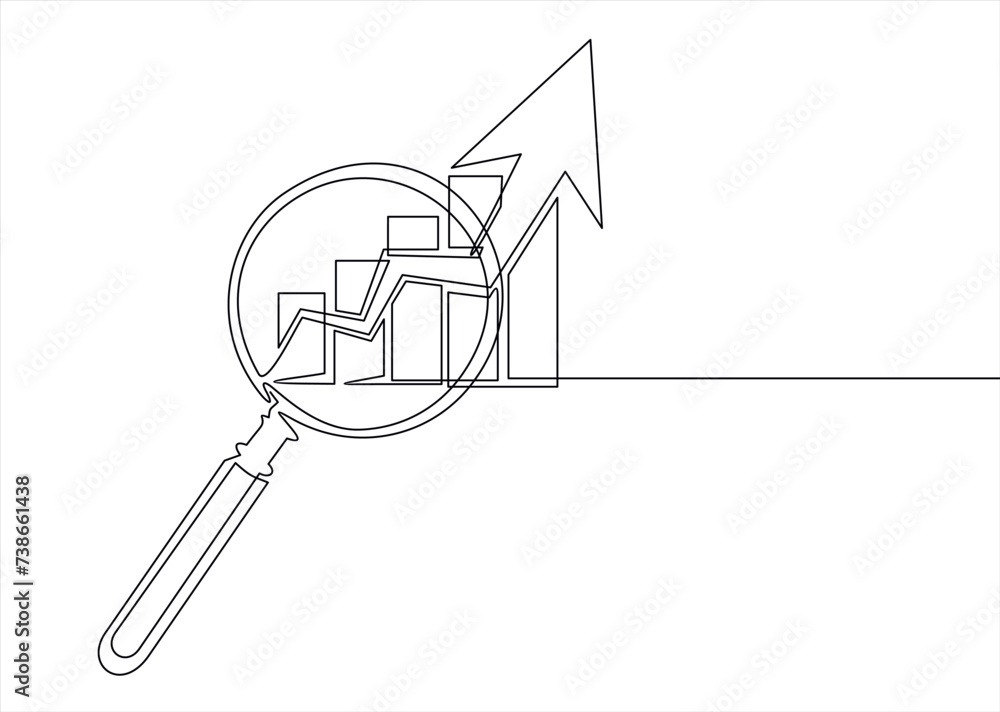 Aufkleber continuous one line drawing of increasing up arrows bar graph and magnifying glass. search. hand dra