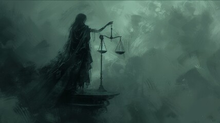 Mysterious person silhouette in black outfit standing with scales of justice. Death weighs good and bad deeds on scales. Justice after life concept. People life verdict. Everyone get what they deserve - obrazy, fototapety, plakaty