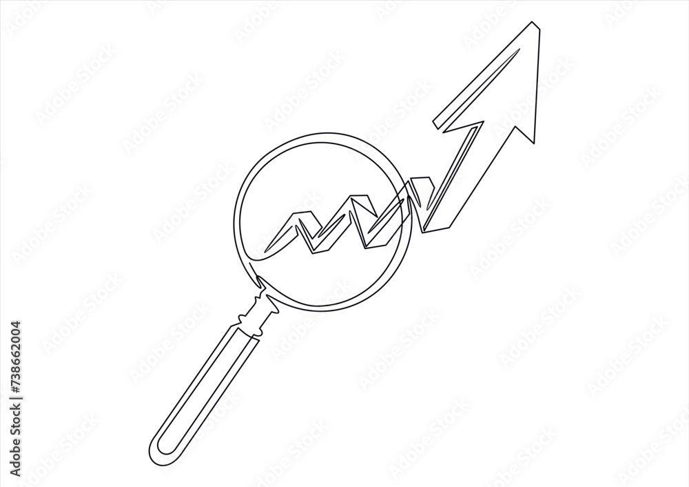 Aufkleber continuous one line drawing of increasing up arrows bar graph and magnifying glass. search. hand dra