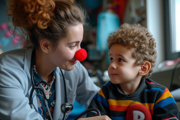 A young female doctor with a red nose that looks like a clown listens to a little boy. - obrazy, fototapety, plakaty