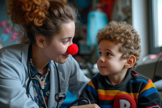 A young female doctor with a red nose that looks like a clown listens to a little boy.