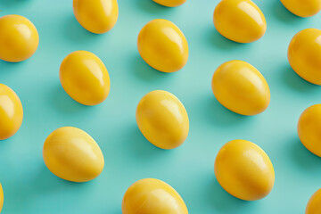 top view repeating pattern of yellow Easter eggs on a blue background with shadow.