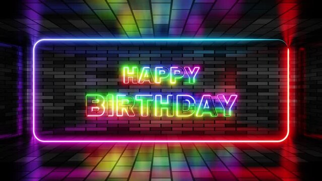 Neon sign happy birthday in speech bubble frame on brick wall background 3d render. Light banner on wall background. Happy birthday loop congratulations and wishes, design template, neon signboard