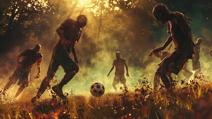Zombie Soccer Match: Zombies playing a friendly game of soccer, with a twist on the rules and a lot of stumbling around - obrazy, fototapety, plakaty