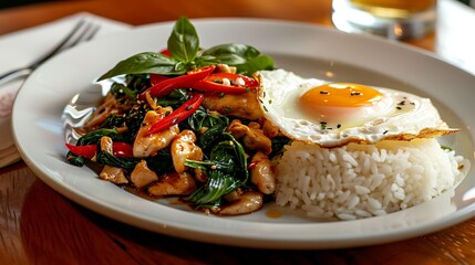 Thai pad kra pao stir-fried basil chicken with chili peppers, garlic, and fish sauce, served with jasmine rice and a fried egg - obrazy, fototapety, plakaty