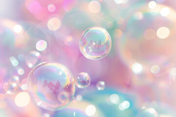 
translucent soap bubbles on pastel holographic light background