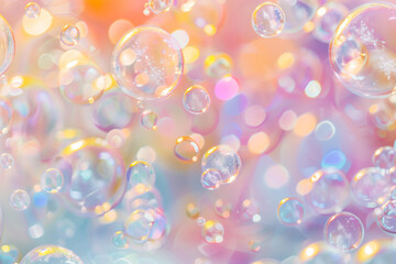 Obraz na płótnie Canvas translucent soap bubbles on pastel holographic light background