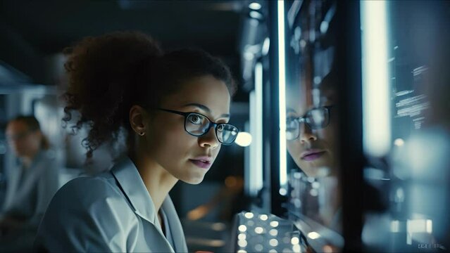 Data scientists work in a modern office of a technology company on the development of a quantum computer. Science, technology, big data concept.