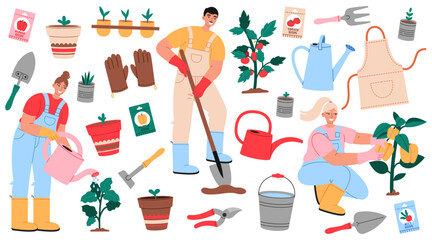 Spring gardening collection. Young people working in the garden. Gardening tools and plants. Flat vector illustrations isolated on white background.