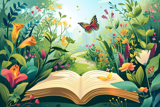 Flowers and butterflies encircle an open book in a lush garden setting