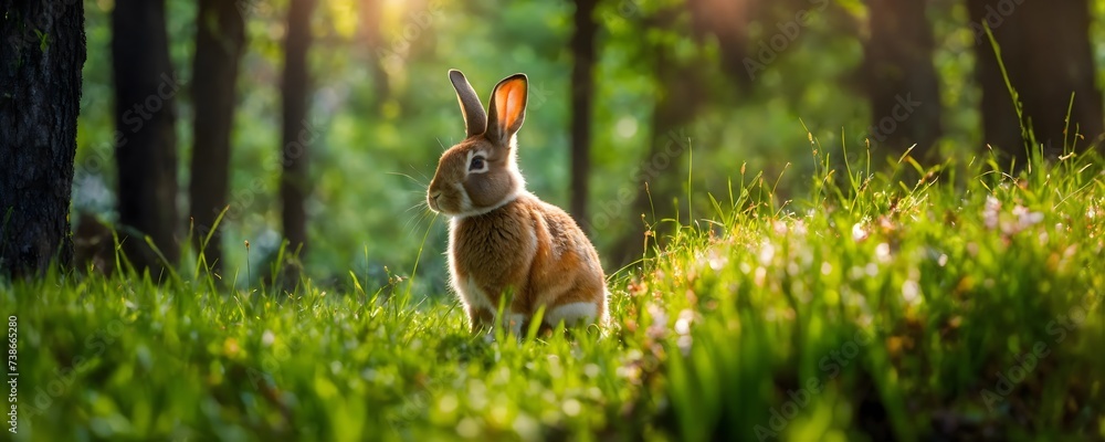 Wall mural Rabbit on green grass with blurred green background in forest. Easter greeting card with copy space for text. - Wall murals