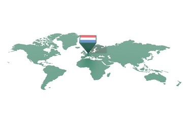 Mappa Terra con  evidenziato la nazione Olanda e segnaposto colorato con colori della bandiera