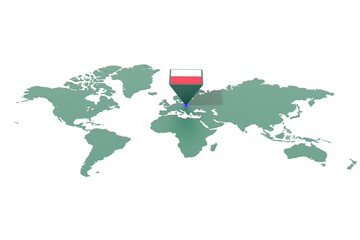 Mappa Terra con  evidenziato la nazione POLONIA e segnaposto colorato con colori della bandiera © albasu