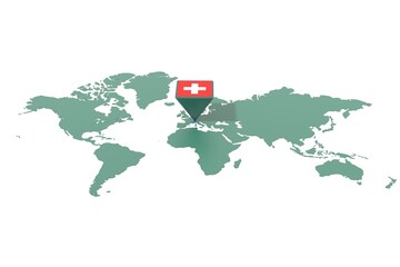 Mappa Terra con  evidenziato la nazione SVIZZERA e segnaposto colorato con colori della bandiera © albasu