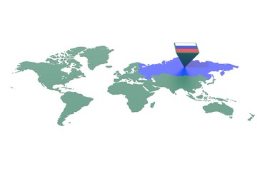Mappa Terra con  evidenziato la nazione RUSSIA e segnaposto colorato con colori della bandiera © albasu