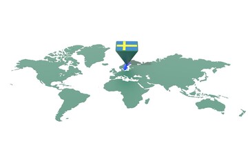 Mappa Terra con  evidenziato la nazione Svezia e segnaposto colorato con colori della bandiera © albasu