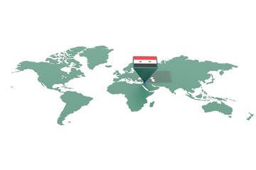 Mappa Terra con  evidenziato la nazione SIRIA e segnaposto colorato con colori della bandiera © albasu