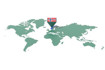 Mappa Terra con  evidenziato la nazione NORVEGIA e segnaposto colorato con colori della bandiera