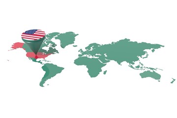 Mappa Terra con  evidenziato la nazione USA e segnaposto colorato con colori della bandiera © albasu