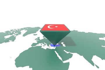 Mappa Terra con  evidenziato la nazione TURCHIA e segnaposto colorato con colori della bandiera © albasu