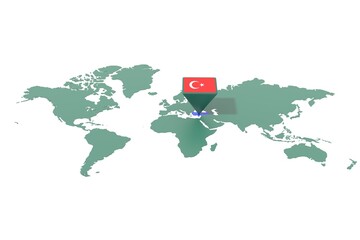 Mappa Terra con  evidenziato la nazione TURCHIA e segnaposto colorato con colori della bandiera © albasu