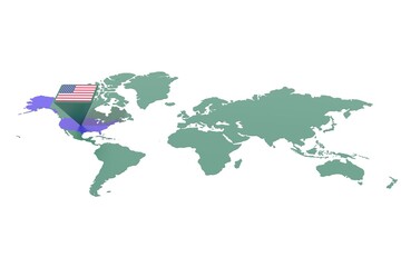 Mappa Terra con  evidenziato la nazione USA e segnaposto colorato con colori della bandiera © albasu