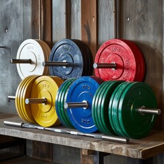 a stack of colored weight plates 
