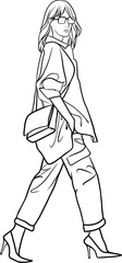 Walking girl street fashion vector outline illustration