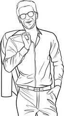 Men's fashion, male model posing with blazer vector outline illustration
