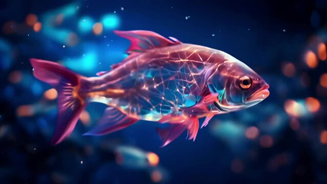 Beautiful glowing unreal neuron fish dancing in dark blue net ocean  background