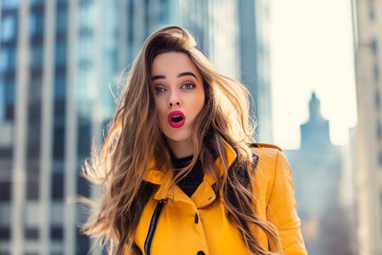 Emotional portrait of Fashion stylish portrait of pretty young hipster woman, going crazy, surprised face, city