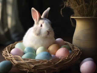 easter bunny sitting in the basket of Easter eggs on the kitchen table, close-up. symbol of Easter.